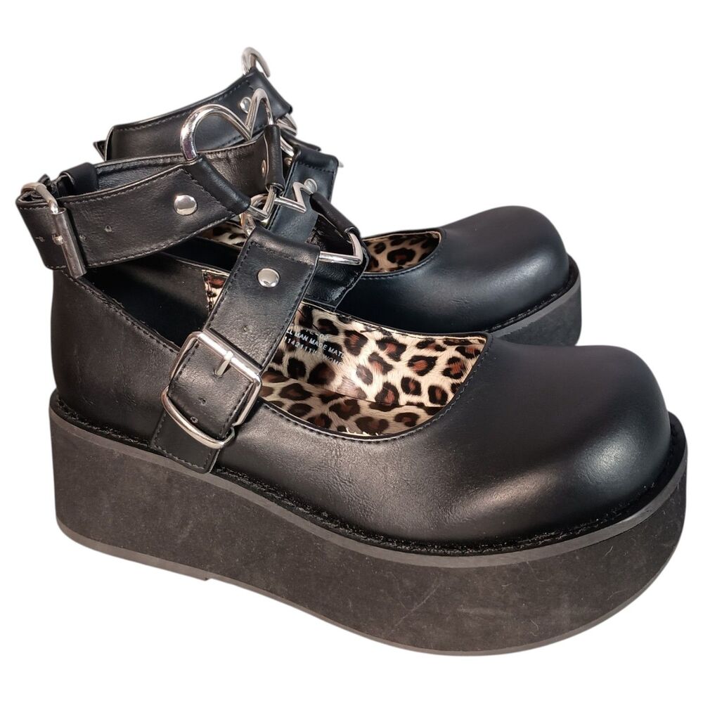 Demonia Black Platform Mary Jane Heels with Leopard Lining and Heart Buckles